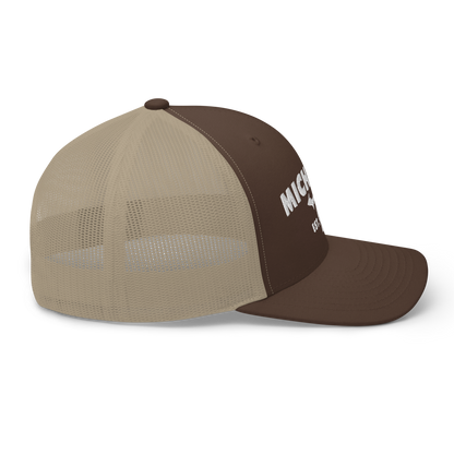 'Michigan EST 1837' Trucker Hat (Geometric Sans Font)