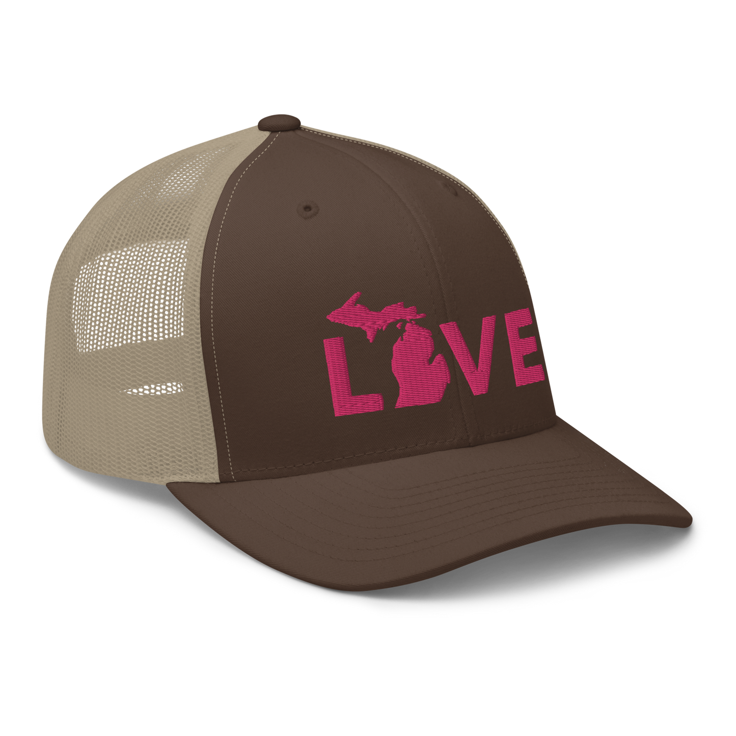 Michigan 'Love' Trucker Hat (Geometric Sans Font) | Pink Embrodiery