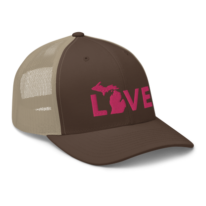 Michigan 'Love' Trucker Hat (Geometric Sans Font) | Pink Embrodiery