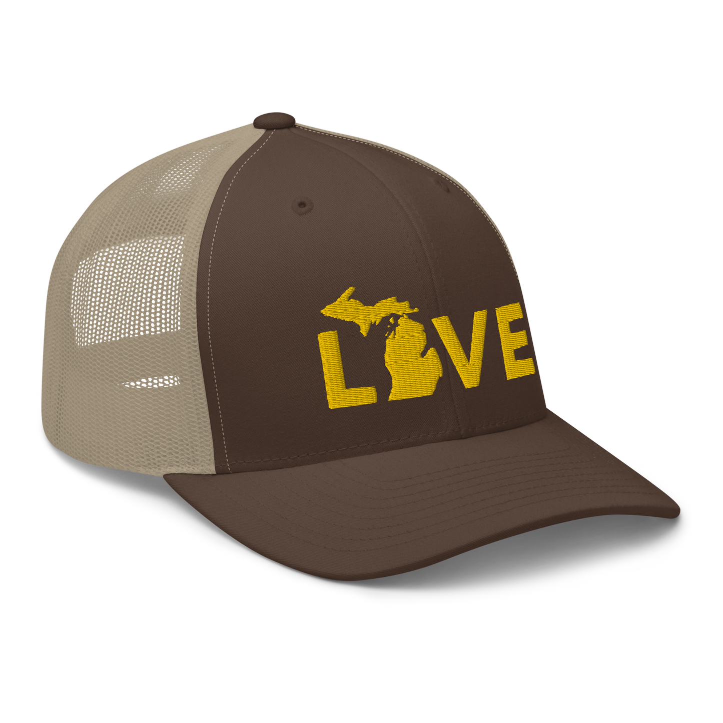 Michigan 'Love' Trucker Hat (Geometric Sans Font) | Gold Embroidery