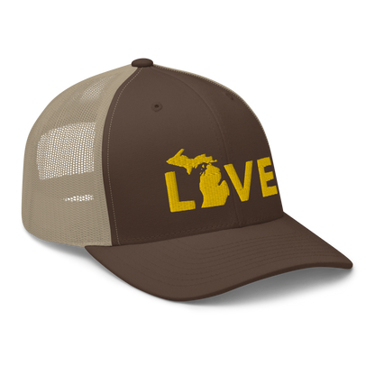 Michigan 'Love' Trucker Hat (Geometric Sans Font) | Gold Embroidery