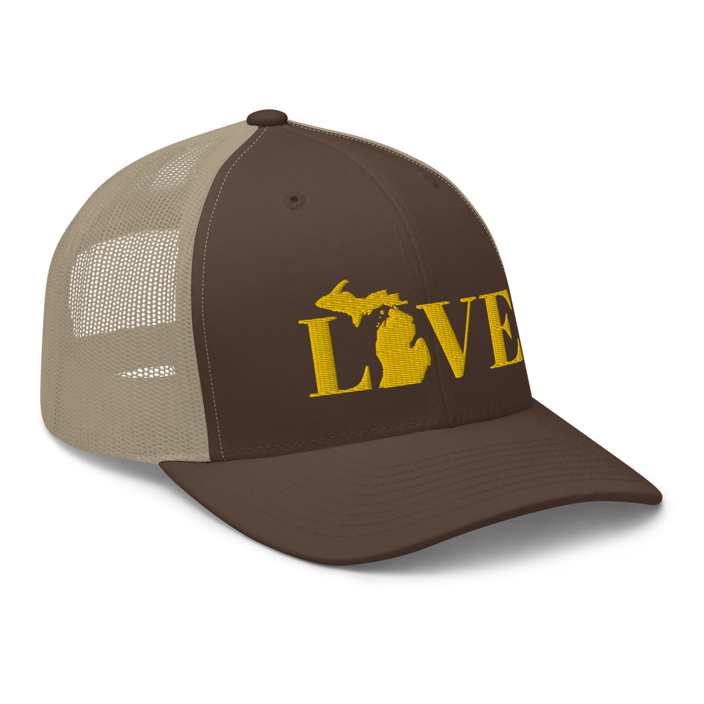 Michigan 'Love' Trucker Hat (Didone Font) | Gold Embroidery