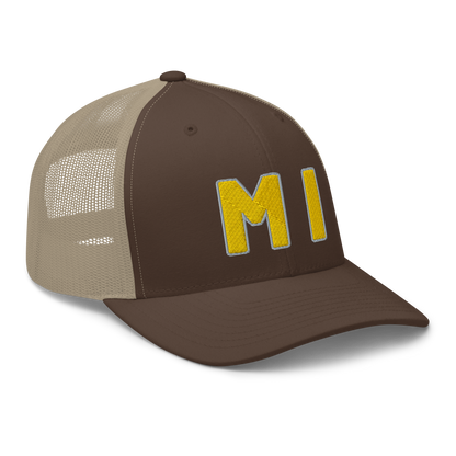 Michigan 'MI' Trucker Hat (1940s Baseball Font) | Gold Embroidery