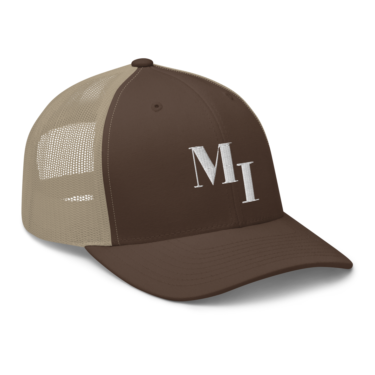 Michigan 'MI' Trucker Hat (Didone Logotype) | White/Navy Embroidery