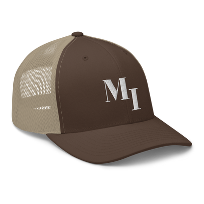 Michigan 'MI' Trucker Hat (Didone Logotype) | White/Navy Embroidery