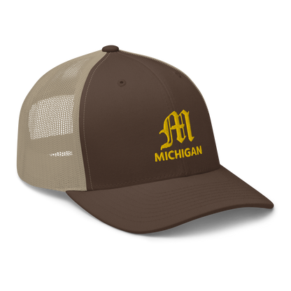 'Michigan' Trucker Hat (w/ 'Old English M') | Gold Embroidery