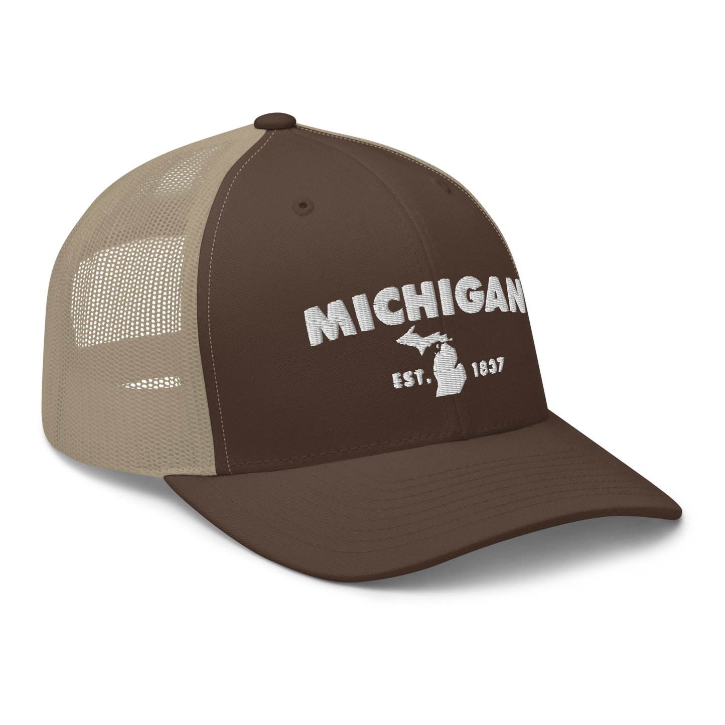 'Michigan EST 1837' Trucker Hat (Geometric Sans Font)