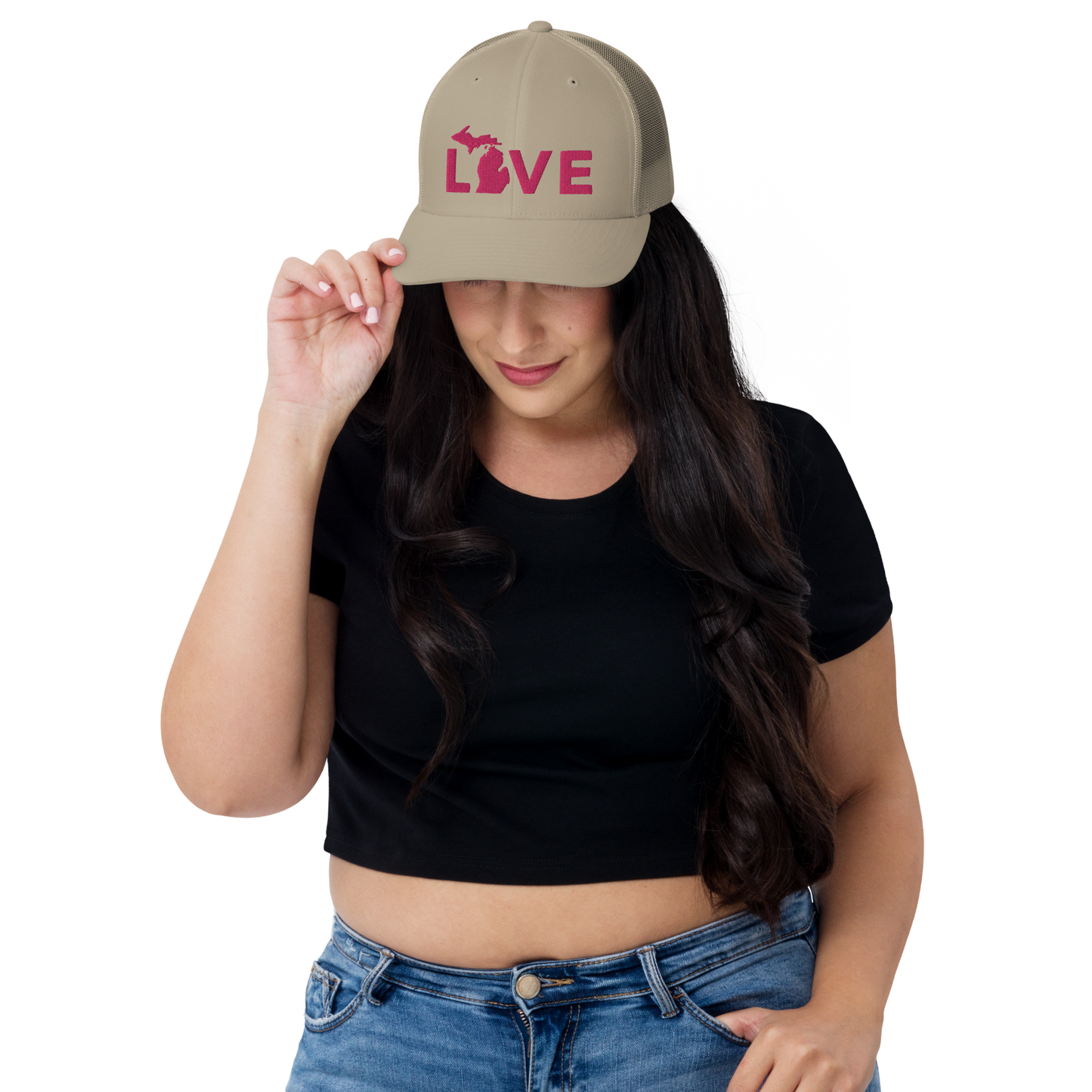 Michigan 'Love' Trucker Hat (Geometric Sans Font) | Pink Embrodiery