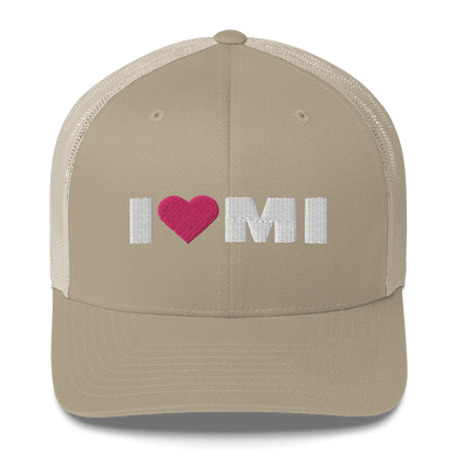 Michigan 'I ❤️ MI' Trucker Hat (French Olive Font)