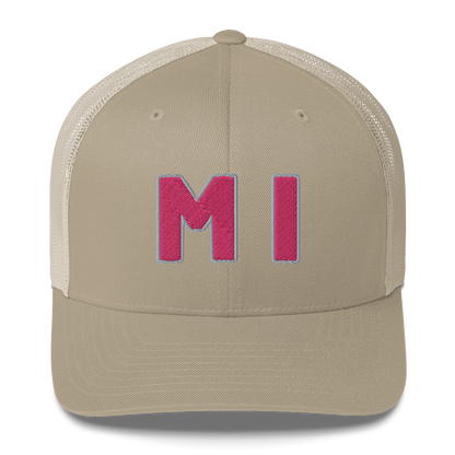 Michigan 'MI' Trucker Hat (1940s Baseball Font) | Pink Embroidery