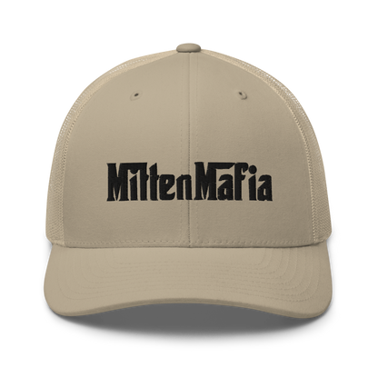 Michigan 'MittenMafia' Trucker Hat (Gangster Font) White/Black Embroidery