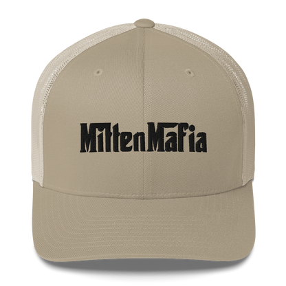 Michigan 'MittenMafia' Trucker Hat (Gangster Font) White/Black Embroidery