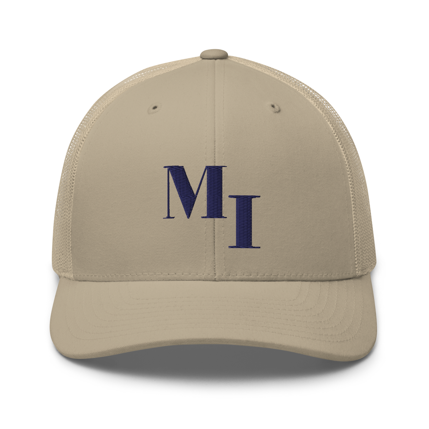 Michigan 'MI' Trucker Hat (Didone Logotype) | White/Navy Embroidery