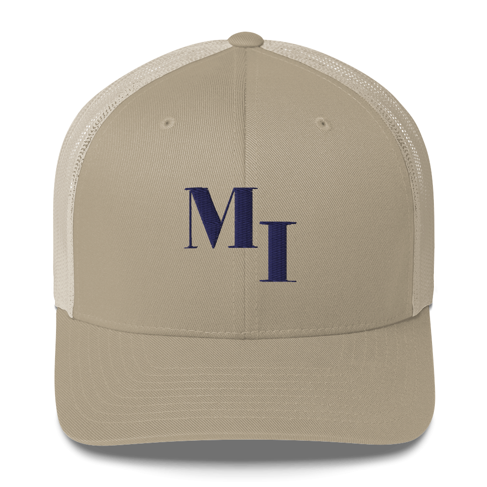 Michigan 'MI' Trucker Hat (Didone Logotype) | White/Navy Embroidery