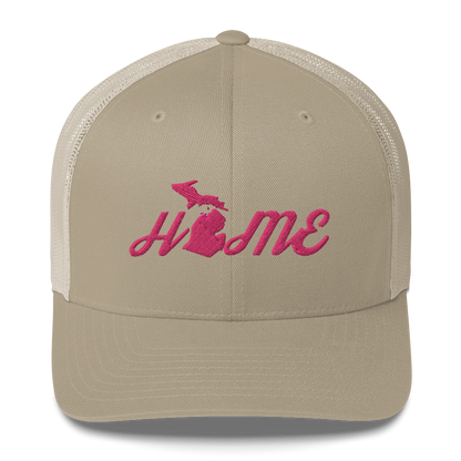 Michigan 'Home' Trucker Hat (Script Font) | Pink Embroidery