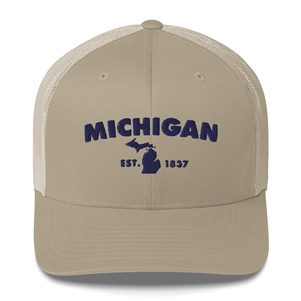 'Michigan EST 1837' Trucker Hat (Geometric Sans Font)