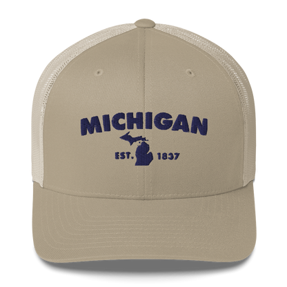 'Michigan EST 1837' Trucker Hat (Geometric Sans Font)