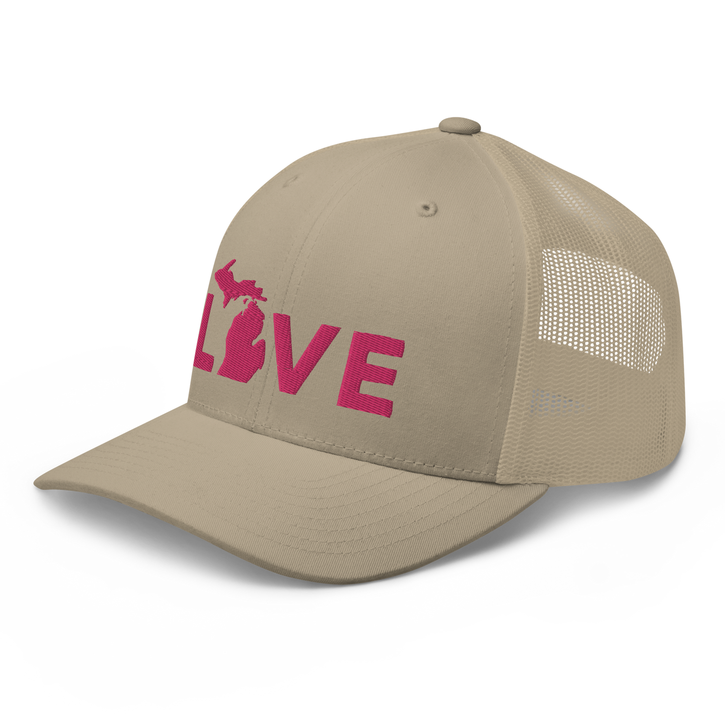 Michigan 'Love' Trucker Hat (Geometric Sans Font) | Pink Embrodiery