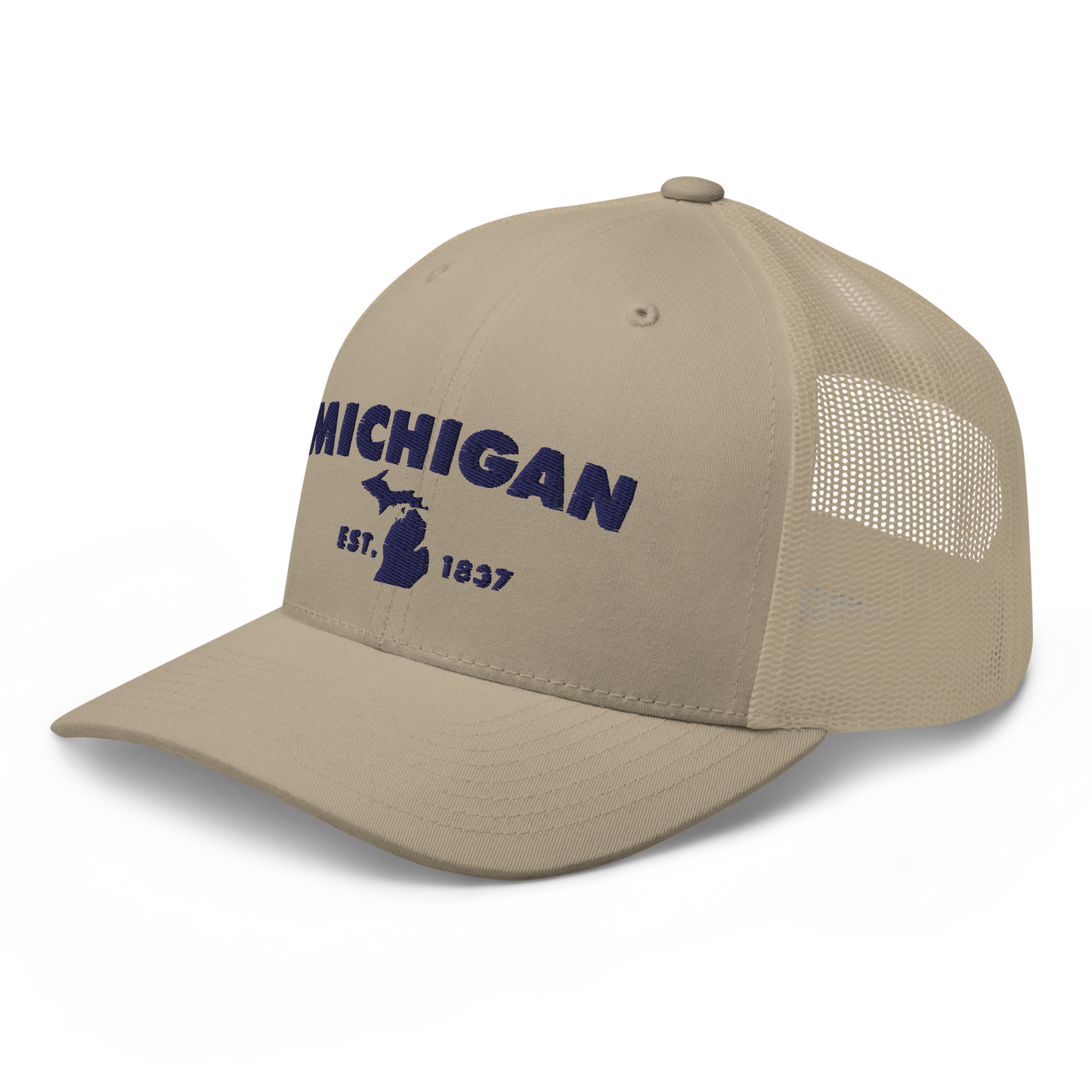 'Michigan EST 1837' Trucker Hat (Geometric Sans Font)