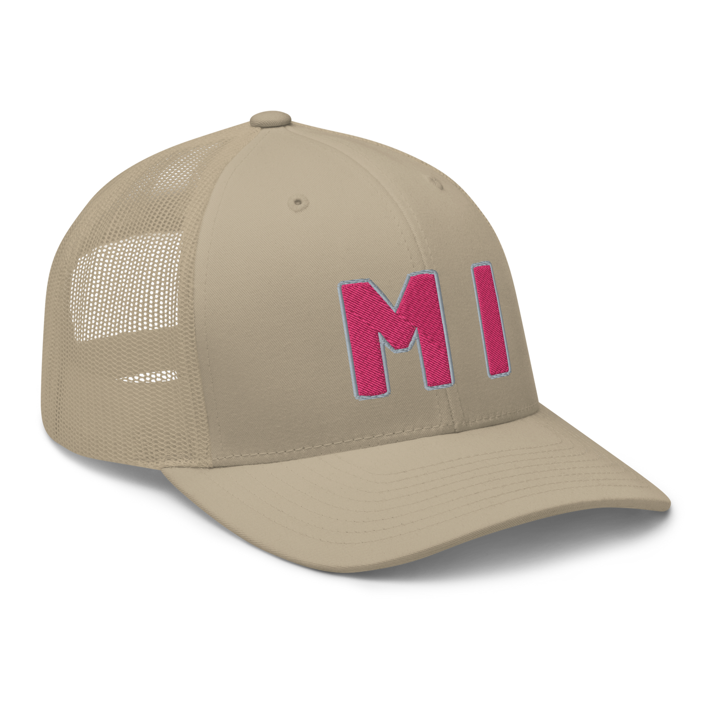 Michigan 'MI' Trucker Hat (1940s Baseball Font) | Pink Embroidery