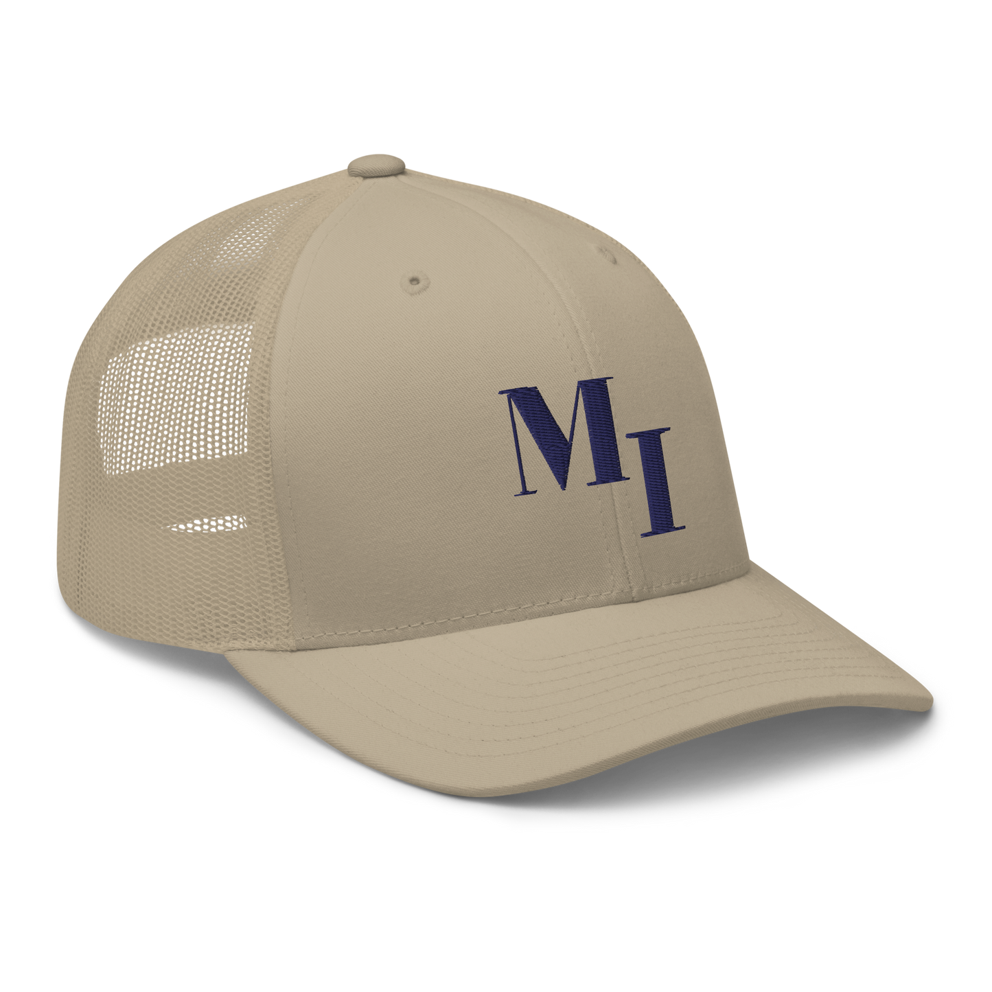 Michigan 'MI' Trucker Hat (Didone Logotype) | White/Navy Embroidery