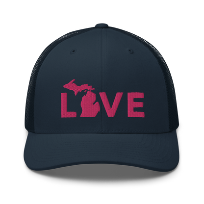 Michigan 'Love' Trucker Hat (Geometric Sans Font) | Pink Embrodiery