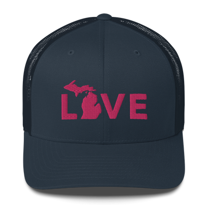 Michigan 'Love' Trucker Hat (Geometric Sans Font) | Pink Embrodiery