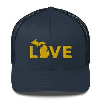 Michigan 'Love' Trucker Hat (Geometric Sans Font) | Gold Embroidery