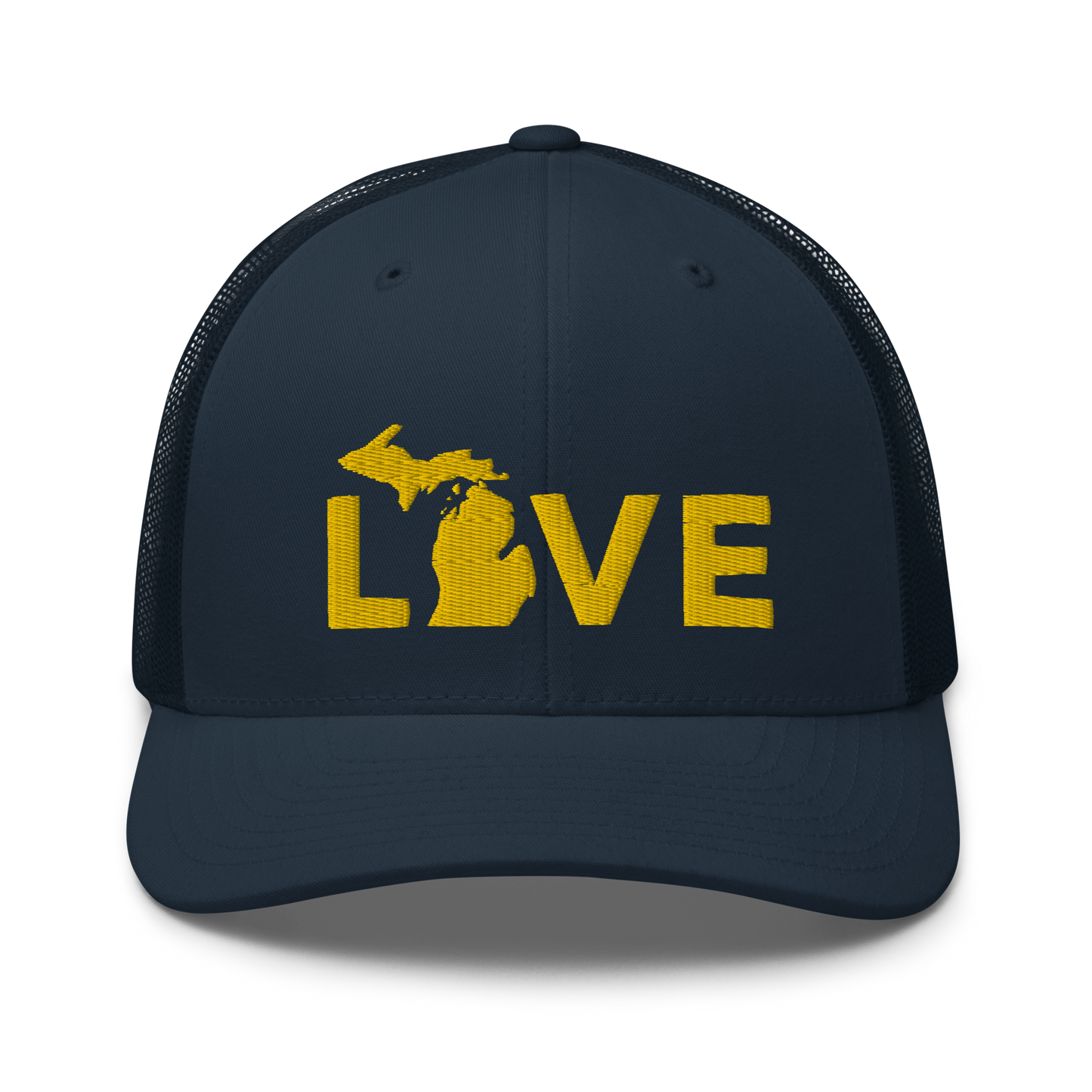 Michigan 'Love' Trucker Hat (Geometric Sans Font) | Gold Embroidery