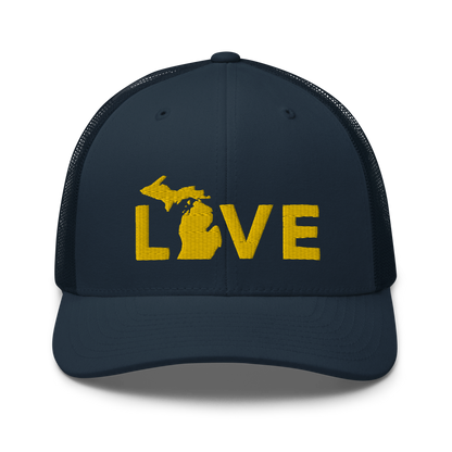 Michigan 'Love' Trucker Hat (Geometric Sans Font) | Gold Embroidery