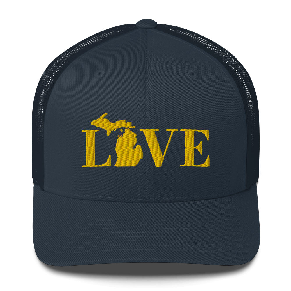 Michigan 'Love' Trucker Hat (Didone Font) | Gold Embroidery