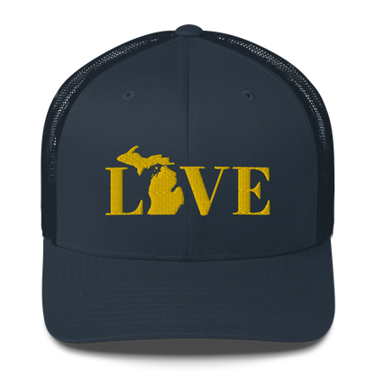 Michigan 'Love' Trucker Hat (Didone Font) | Gold Embroidery