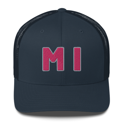 Michigan 'MI' Trucker Hat (1940s Baseball Font) | Pink Embroidery