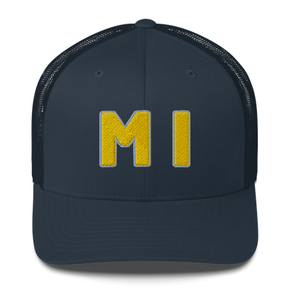 Michigan 'MI' Trucker Hat (1940s Baseball Font) | Gold Embroidery