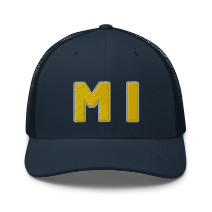 Michigan 'MI' Trucker Hat (1940s Baseball Font) | Gold Embroidery