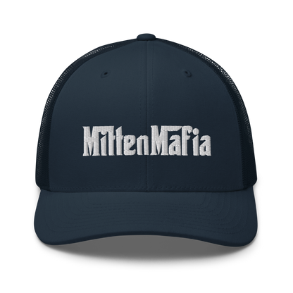 Michigan 'MittenMafia' Trucker Hat (Gangster Font) White/Black Embroidery