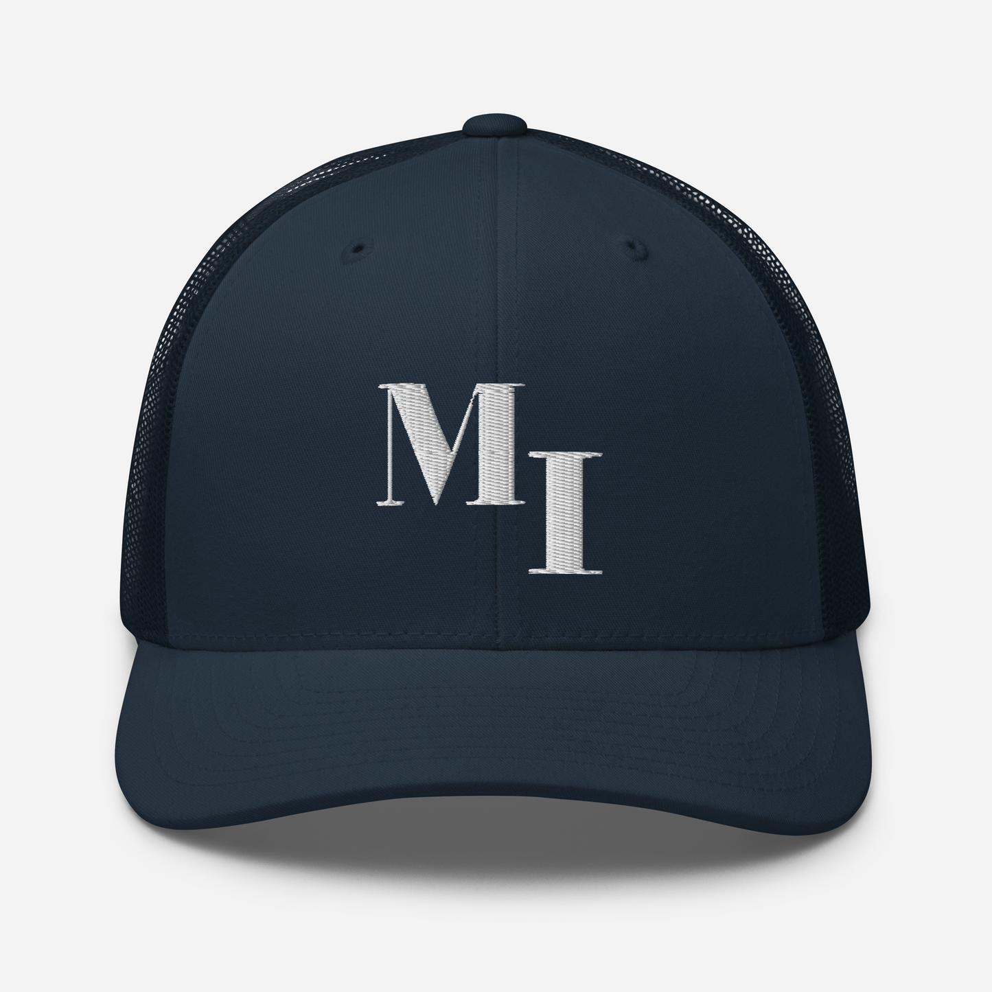 Michigan 'MI' Trucker Hat (Didone Logotype) | White/Navy Embroidery