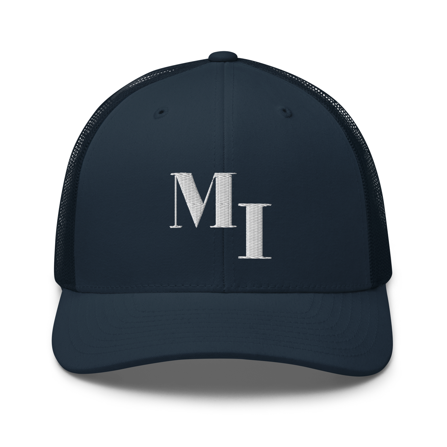 Michigan 'MI' Trucker Hat (Didone Logotype) | White/Navy Embroidery