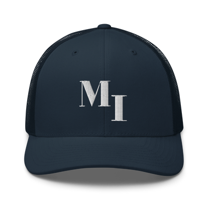 Michigan 'MI' Trucker Hat (Didone Logotype) | White/Navy Embroidery