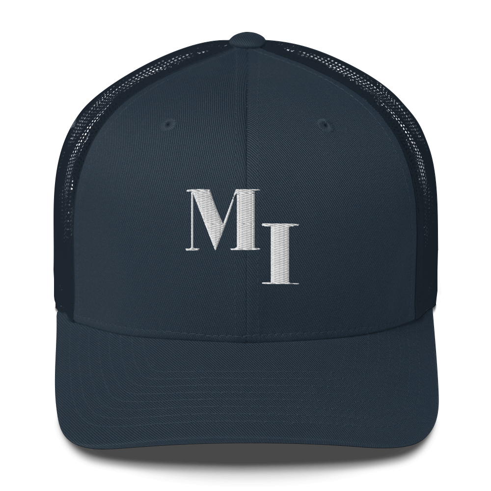 Michigan 'MI' Trucker Hat (Didone Logotype) | White/Navy Embroidery