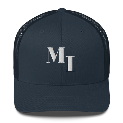 Michigan 'MI' Trucker Hat (Didone Logotype) | White/Navy Embroidery