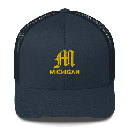 'Michigan' Trucker Hat (w/ 'Old English M') | Gold Embroidery