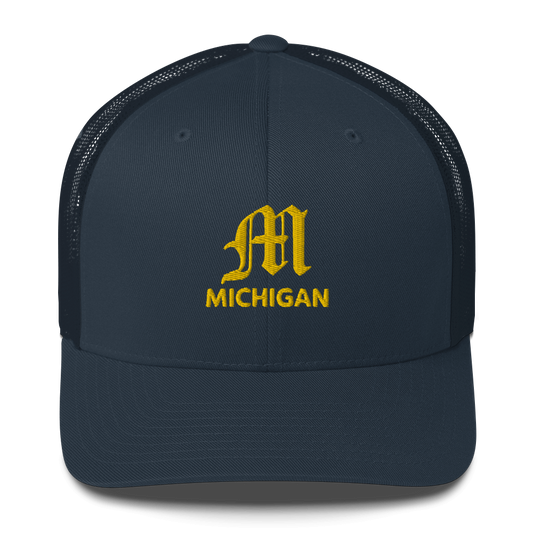 'Michigan' Trucker Hat (w/ 'Old English M') | Gold Embroidery