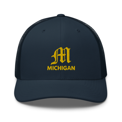 'Michigan' Trucker Hat (w/ 'Old English M') | Gold Embroidery