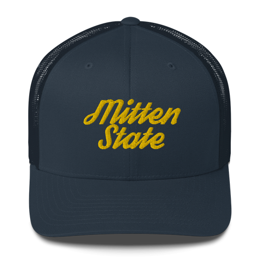 Michigan 'Mitten State' Trucker Hat (Script Font) | Gold Embroidery