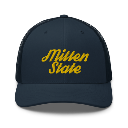 Michigan 'Mitten State' Trucker Hat (Script Font) | Gold Embroidery