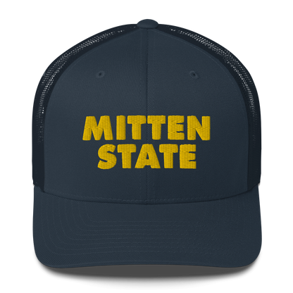 Michigan 'Mitten State' Trucker Hat (Geometric Sans Font) | Gold Embroidery