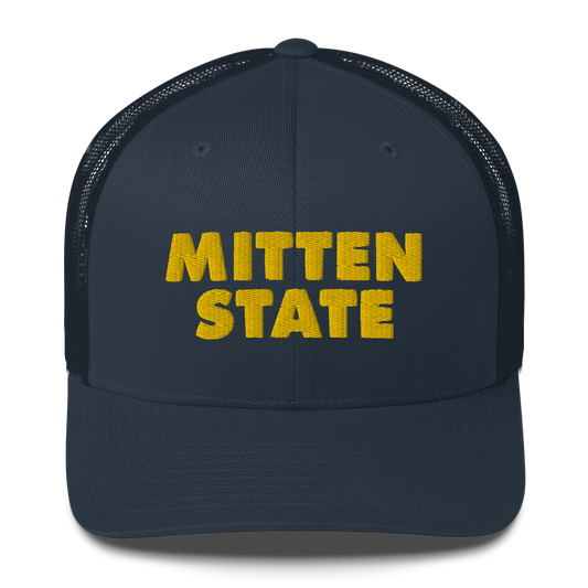 Michigan 'Mitten State' Trucker Hat (Geometric Sans Font) | Gold Embroidery