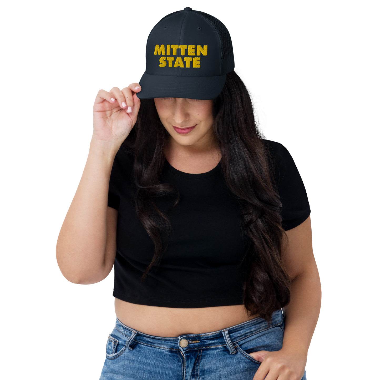 Michigan 'Mitten State' Trucker Hat (Geometric Sans Font) | Gold Embroidery