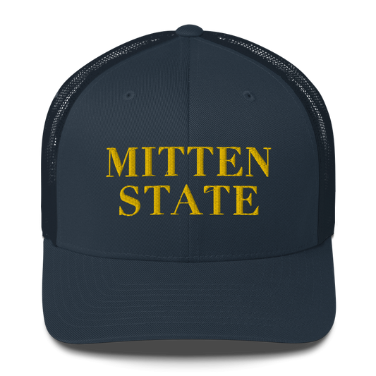 Michigan 'Mitten State' Trucker Hat (Didone Font) | Gold Embroidery